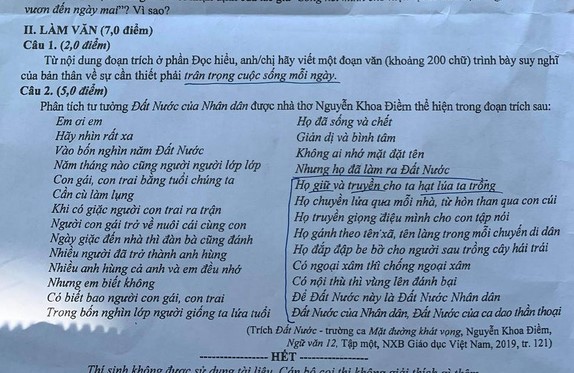 Đề thi chính thức môn Ngữ văn kỳ thi tốt nghiệp THPT năm 2020
