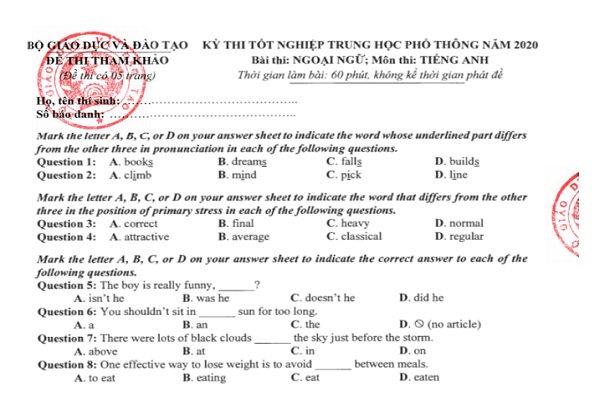 Đề thi minh họa kỳ thi Bet88 2026 nổ hũ và xổ số THPT 2020 từ Bộ GD&ĐT (tất cả các môn)