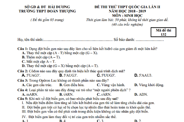 Đề thi thử Lý – Hóa – Sinh THPT quốc gia 2019 (có đáp án)
