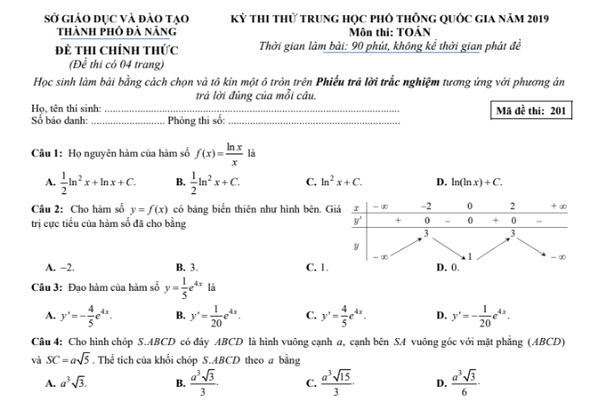 Đề thi thử môn Toán của Sở GDĐT Đà Nẵng