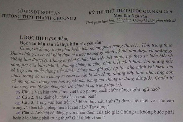 Đề thi thử THPT quốc gia 2019 môn Ngữ văn của trường THPT Thanh Chương 3