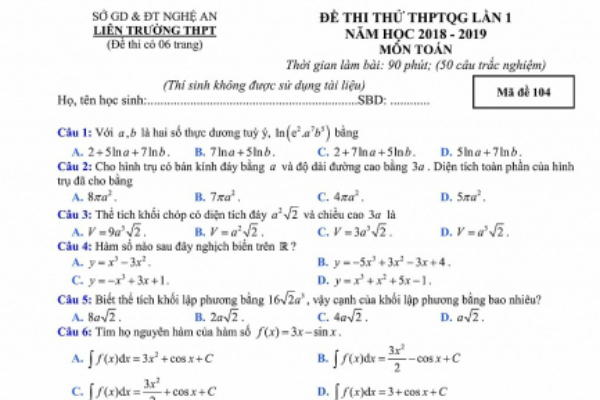 Đề thi thử THPT quốc gia 2019 môn Toán của liên trường THPT TP. Vinh