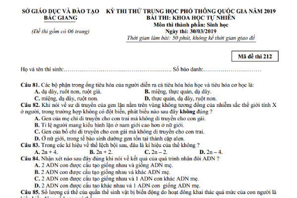 Đề thi thử THPT quốc gia 2019 môn Toán – Lý – Hóa – Sinh