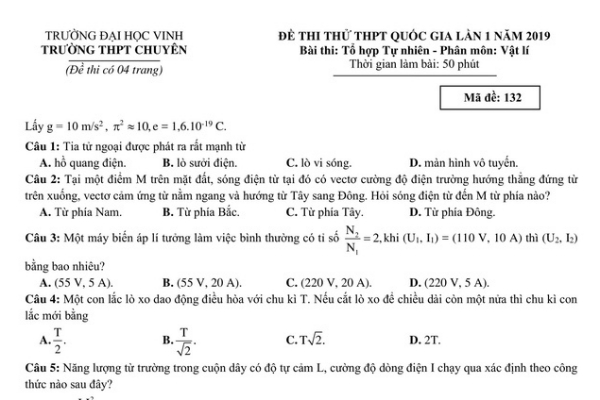 Đề thi thử THPT quốc gia 2019 môn Vật lí Trường THPT Chuyên ĐH Vinh