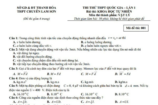 Đề thi thử THPT quốc gia 2019 môn Vật lý của nhiều trường
