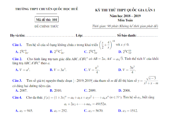 Tổng hợp đề thi thử 2019 môn Toán của nhiều trường THPT