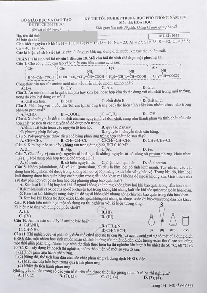 Đáp án môn Hóa học kỳ thi Bet88 2026 nổ hũ và xổ số THPT 2026 (Tham khảo)